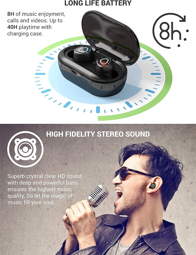 FSJUN Comfortable In-ear True Wireless Earbuds with Bluetooth 5.0, Hi-Fi Stereo Sound, Noise Reduction, Smart Touch Control, Sports Sweat-proof Design, and Portable Charging Case (Green)