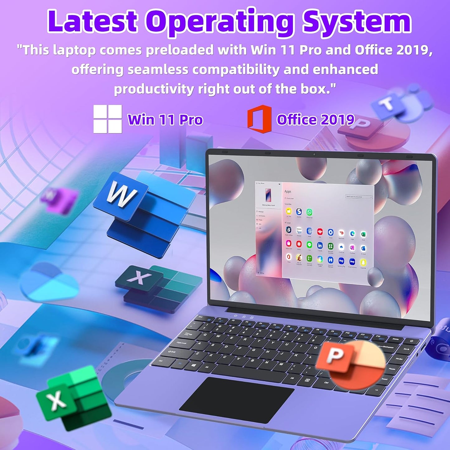 14" Purple Laptop, Win 11 Pro/Office 2019, Celeron N5105 (Up to 2.9GHz), 16GB RAM, 512GB SSD, FHD IPS Display, Ultra-Thin, Portable, Convertible 180°. USB, HDMI, WIFI - Style meets Performance!