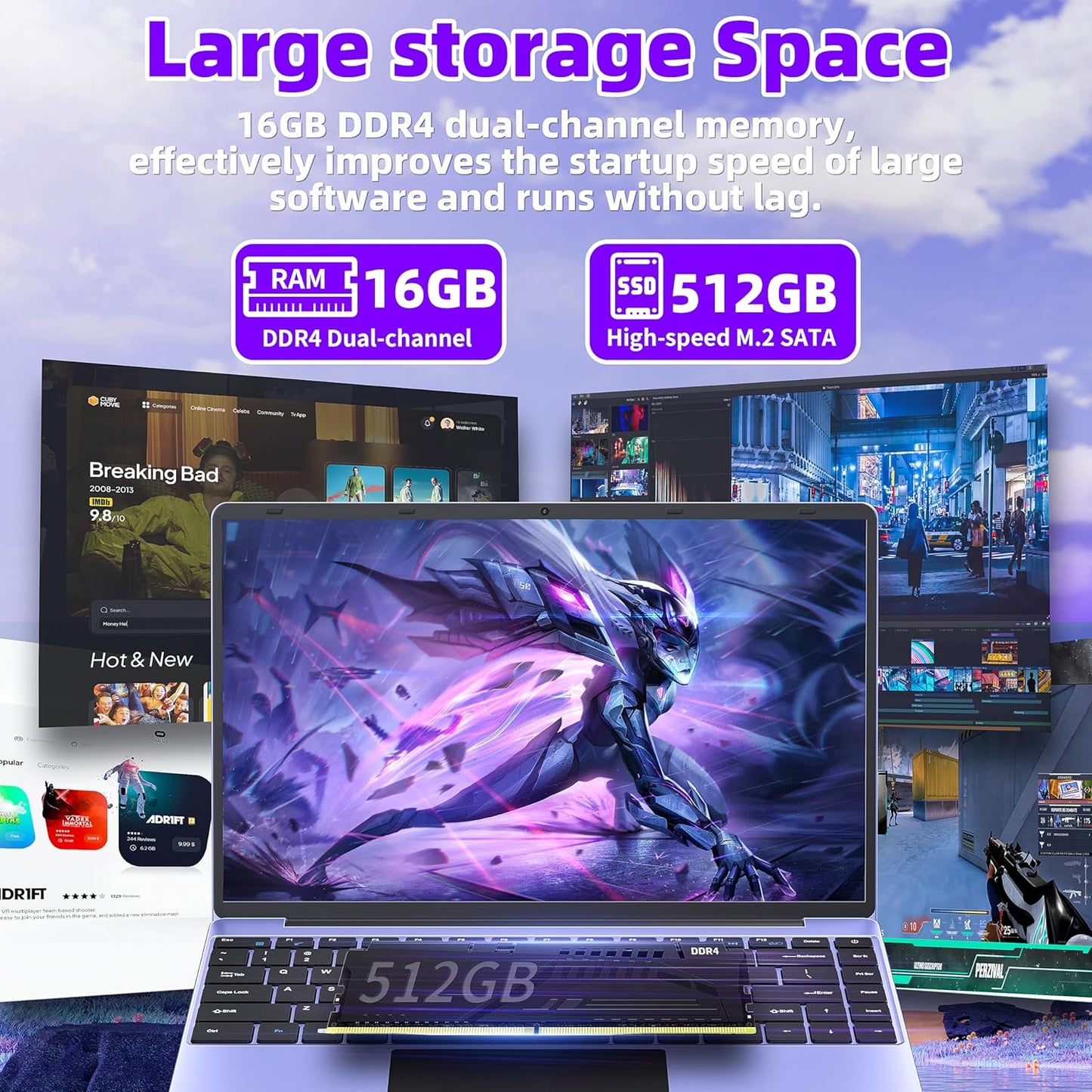 14" Purple Laptop, Win 11 Pro/Office 2019, Celeron N5105 (Up to 2.9GHz), 16GB RAM, 512GB SSD, FHD IPS Display, Ultra-Thin, Portable, Convertible 180°. USB, HDMI, WIFI - Style meets Performance!