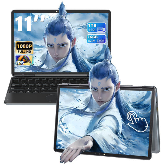 Fsjun 11" Mini 2-in-1 Touchscreen Laptop, Intel N100, 16GB DDR4 RAM, 1TB SSD, Win 11 Pro + Office 2019, Backlit Keyboard, Facial Recognition, USB-C, Portable Laptop