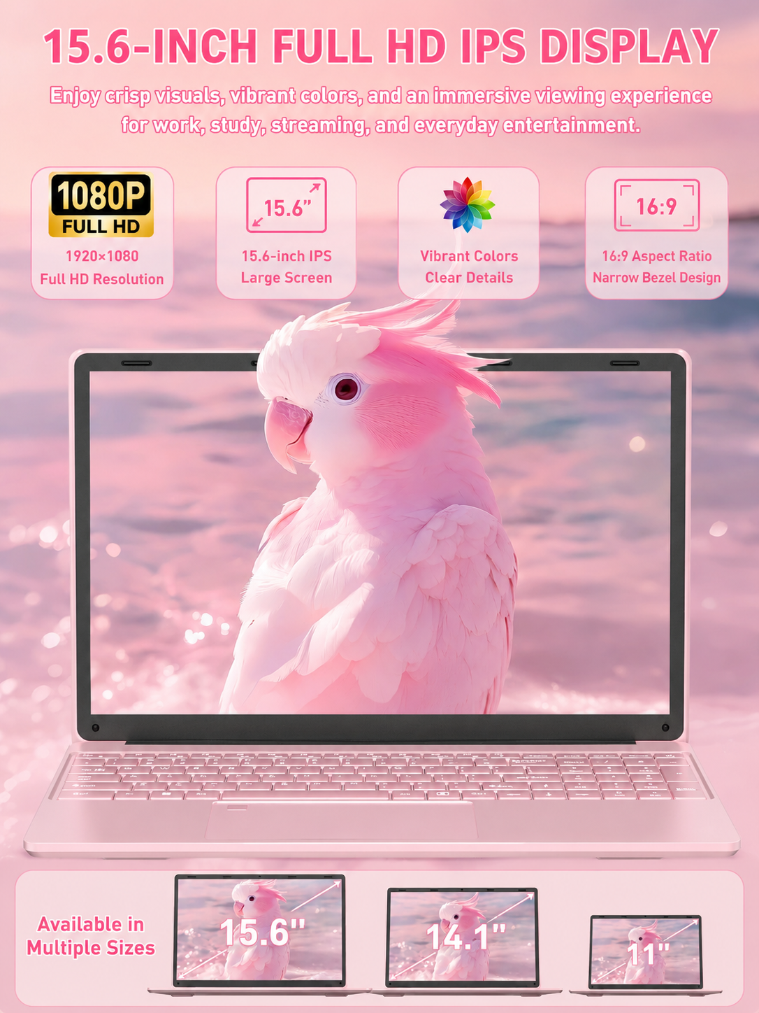 Fsjun 15.6" Pink Laptop,Win11 Pro,Intel N95(Up to 3.4GHz),16GB RAM 512GB NVMe,1920x1080 IPS Display, Backlit Keyboard,Fingerprint Sensor,5800mAh Battery,WiFi 5,Student & Business
