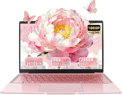 14" Laptop Roségold, Quad-Core Prozessor Celeron J4105 [schneller als N4000 und AMD 3020e], 8GB RAM, 256GB SSD, FHD IPS, HDMI, WLAN, Bluetooth, ultraleichtes und tragbares Notebook für Studenten