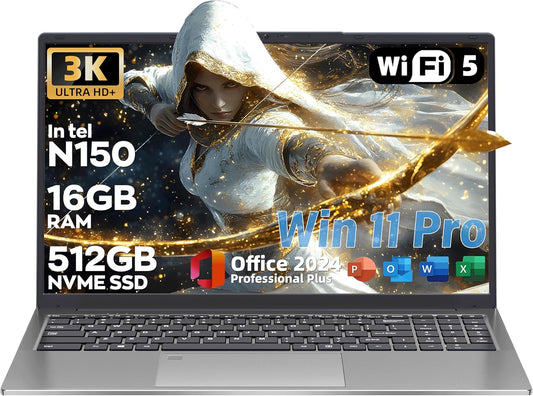 Fsjun 16" 3K Business and Student Laptop, 512GB NVME SSD 16GB RAM,  Win 11 Pro with Office 2024, In tel 4-Core Up to 3.6GHz, Fingerprint, Backlit KB, Webcam, HDMI, USB-C, RJ45, Long Battery Life