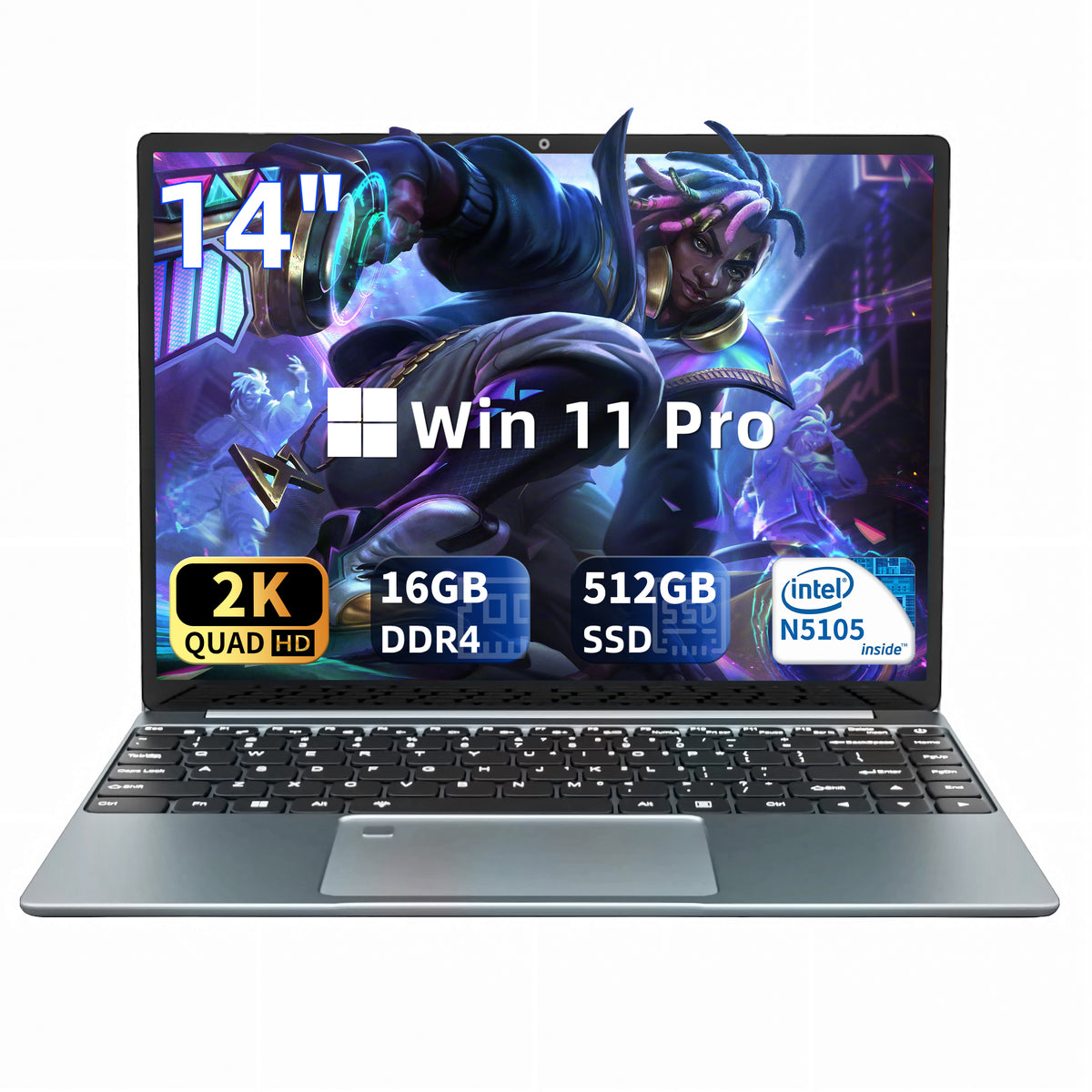 Fsjun 14.1" Laptop Computer, 2K IPS Display, 16GB DDR4 RAM, 512GB SSD,N5105 Quad-Core Processor,Win 11 Pro&office2019, Fingerprint Reader, Backlit Keyboard, Portable Laptop for Students, Business