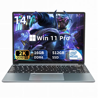 Fsjun 14.1" Laptop Computer, 2K IPS Display, 16GB DDR4 RAM, 512GB SSD,N5105 Quad-Core Processor,Win 11 Pro&office2019, Fingerprint Reader, Backlit Keyboard, Portable Laptop for Students, Business