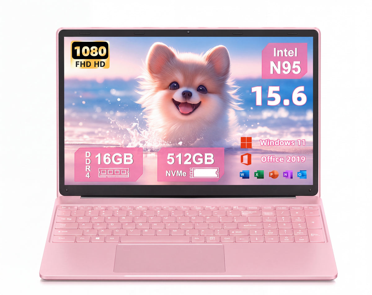 Fsjun 15.6" Pink Laptop,Win11 Pro,Intel N95(Up to 3.4GHz),16GB RAM 512GB NVMe,1920x1080 IPS Display, Backlit Keyboard,Fingerprint Sensor,5800mAh Battery,WiFi 5,Student & Business