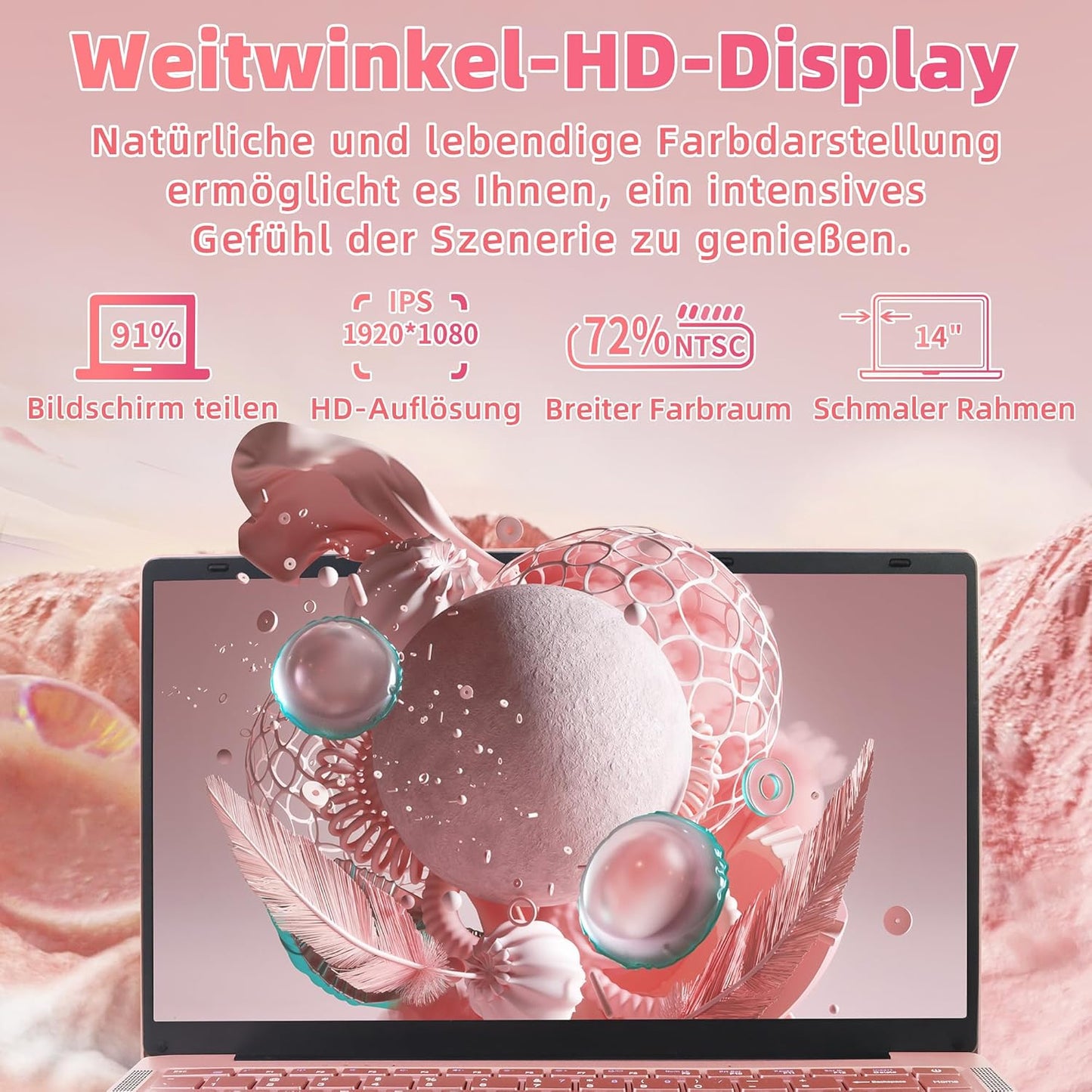 14" Laptop Roségold, Quad-Core Prozessor Celeron J4105 [schneller als N4000 und AMD 3020e], 8GB RAM, 256GB SSD, FHD IPS, HDMI, WLAN, Bluetooth, ultraleichtes und tragbares Notebook für Studenten