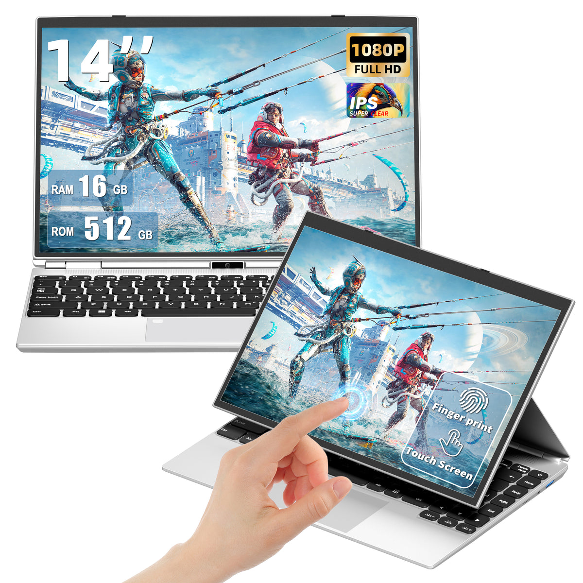 Fsjun 2-in-1 14.1in FHD Touchscreen Slim Laptop, Intel N5095, 16GB DDR4, 512GB SSD, Backlit Keyboard, Win 11 Pro + Office 2019, Silver