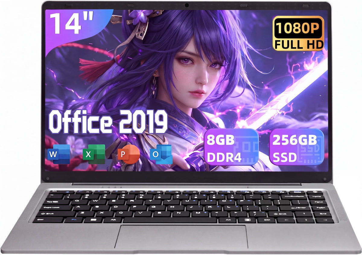 14 Inch FHD Laptop, Celeron J4105, 8GB DDR4 RAM, 256GB SSD, Win 11 Pro + Office 2019, Lightweight Business Laptop, Gray