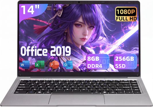 14 Inch FHD Laptop, Celeron J4105, 8GB DDR4 RAM, 256GB SSD, Win 11 Pro + Office 2019, Lightweight Business Laptop, Gray