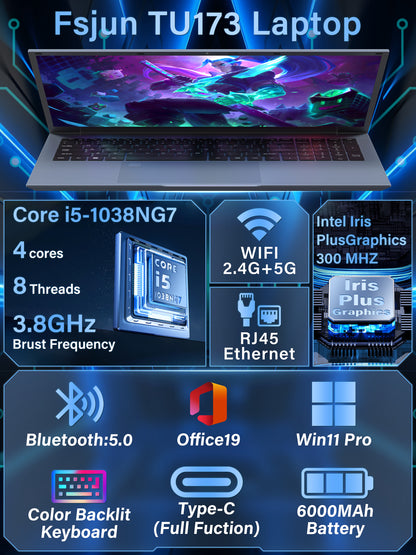 Fsjun 17.3" FHD IPS 360Hz Business Laptop, Intel Core i5-1038NG7, 16GB DDR4 RAM, 512GB SSD, (Win 11 Pro + Office 2019), Color Backlit Keyboard with Numpad, Fingerprint, Blue