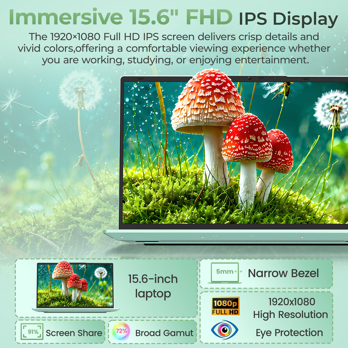 Fsjun 15.6" Mint Green Laptop, Core m3-7Y30 up to 2.60GHz, 16GB RAM, 256GB SSD, FHD IPS Display, Backlit Keyboard with Numpad, Win 11 Pro, Office 2019, for Student & Business