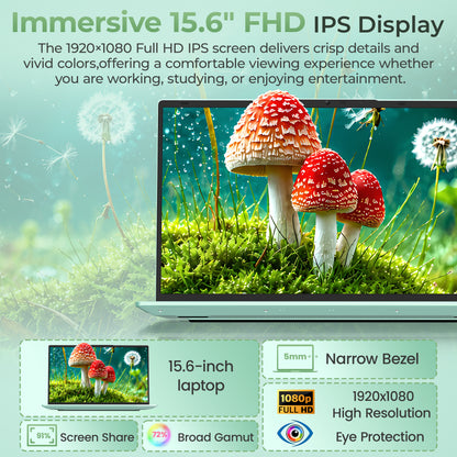 Fsjun 15.6" Mint Green Laptop, Core m3-7Y30 up to 2.60GHz, 16GB RAM, 256GB SSD, FHD IPS Display, Backlit Keyboard with Numpad, Win 11 Pro, Office 2019, for Student & Business