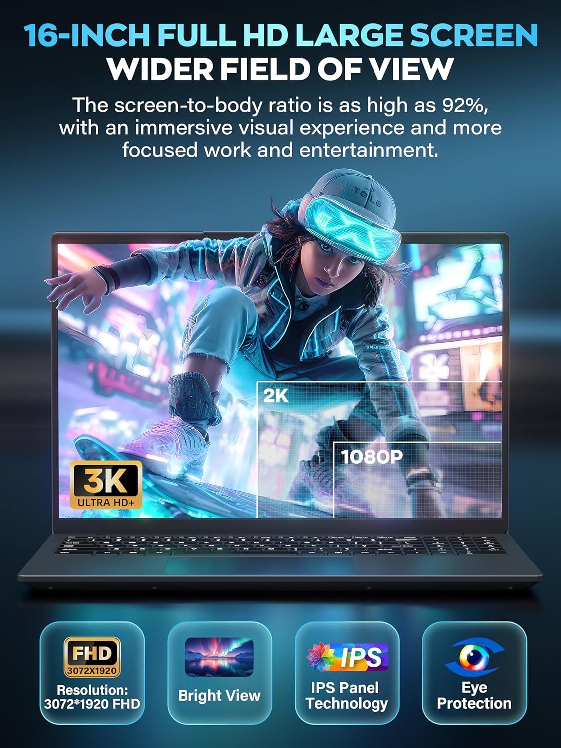 Fsjun 16" 3K Business and Student Laptop, 512GB NVME SSD 16GB RAM,  Win 11 Pro with Office 2024, In tel 4-Core Up to 3.6GHz, Fingerprint, Backlit KB, Webcam, HDMI, USB-C, RJ45, Long Battery Life