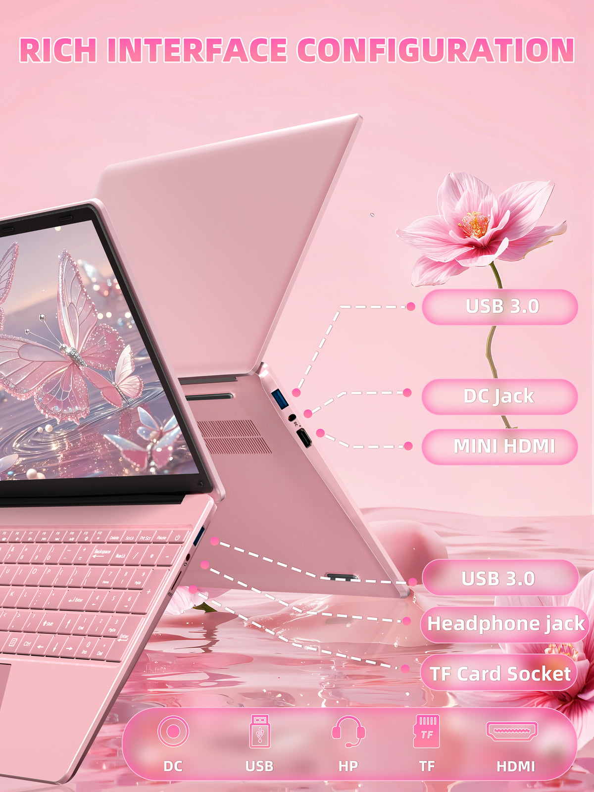 Fsjun 15.6" Pink Laptop,Win11 Pro,Intel N95(Up to 3.4GHz),16GB RAM 512GB NVMe,1920x1080 IPS Display, Backlit Keyboard,Fingerprint Sensor,5800mAh Battery,WiFi 5,Student & Business