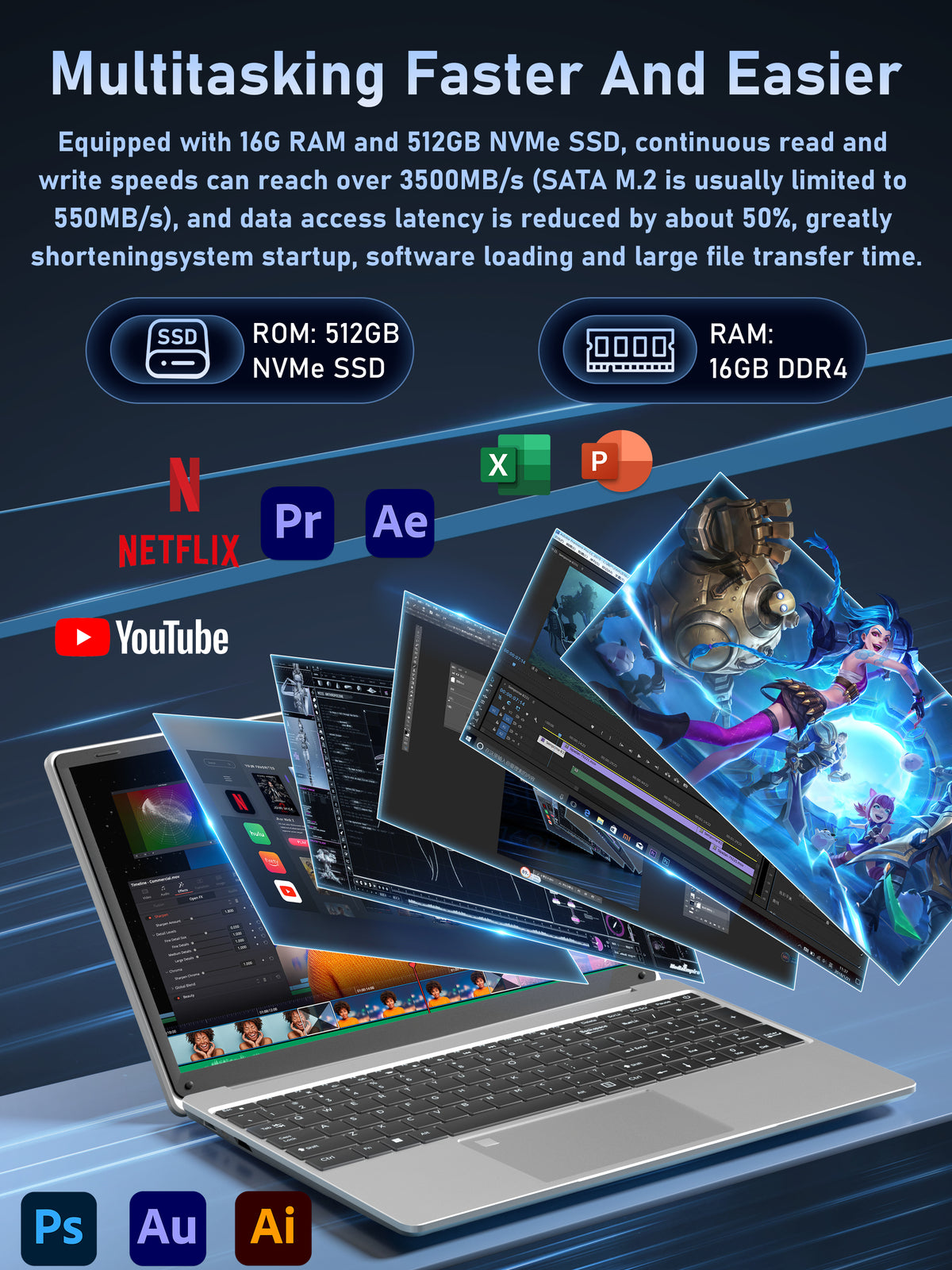 Fsjun 15.6" FHD IPS Laptop, 16GB DDR4 RAM, 512GB NVMe SSD, Celeron N95 Processor, Win 11 Pro + Office 2019, Backlit Keyboard, Mini HDMI, Business & Student Laptop