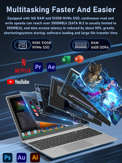 Fsjun 15.6" FHD IPS Laptop, 16GB DDR4 RAM, 512GB NVMe SSD, Celeron N95 Processor, Win 11 Pro + Office 2019, Backlit Keyboard, Mini HDMI, Business & Student Laptop