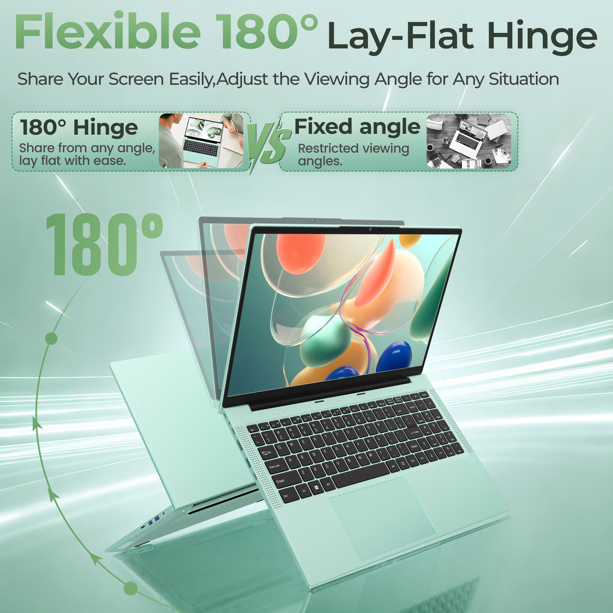 Fsjun 15.6" Mint Green Laptop, Core m3-7Y30 up to 2.60GHz, 16GB RAM, 256GB SSD, FHD IPS Display, Backlit Keyboard with Numpad, Win 11 Pro, Office 2019, for Student & Business