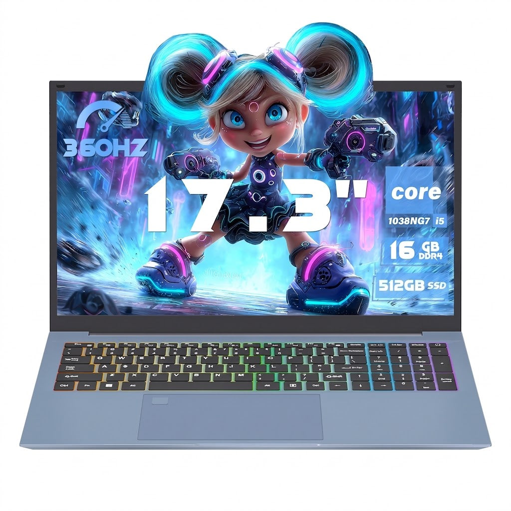 Fsjun 17.3" FHD IPS 360Hz Business Laptop, Intel Core i5-1038NG7, 16GB DDR4 RAM, 512GB SSD, (Win 11 Pro + Office 2019), Color Backlit Keyboard with Numpad, Fingerprint, Blue