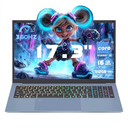 Fsjun 17.3" FHD IPS 360Hz Business Laptop, Intel Core i5-1038NG7, 16GB DDR4 RAM, 512GB SSD, (Win 11 Pro + Office 2019), Color Backlit Keyboard with Numpad, Fingerprint, Blue