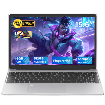 Fsjun 15.6" FHD IPS Laptop, 16GB DDR4 RAM, 512GB NVMe SSD, Celeron N95 Processor, Win 11 Pro + Office 2019, Backlit Keyboard, Mini HDMI, Business & Student Laptop