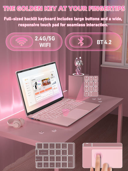 Fsjun 15.6" Pink Laptop,Win11 Pro,Intel N95(Up to 3.4GHz),16GB RAM 512GB NVMe,1920x1080 IPS Display, Backlit Keyboard,Fingerprint Sensor,5800mAh Battery,WiFi 5,Student & Business