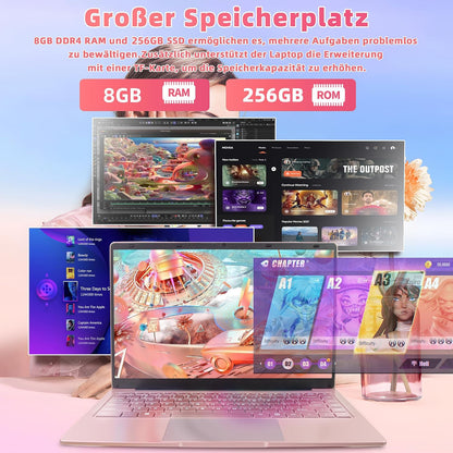 14" Laptop Roségold, Quad-Core Prozessor Celeron J4105 [schneller als N4000 und AMD 3020e], 8GB RAM, 256GB SSD, FHD IPS, HDMI, WLAN, Bluetooth, ultraleichtes und tragbares Notebook für Studenten