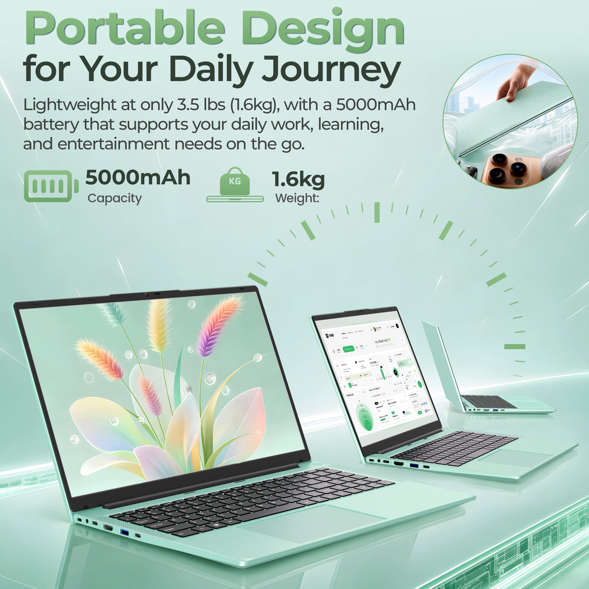 Fsjun 15.6" Mint Green Laptop, Core m3-7Y30 up to 2.60GHz, 16GB RAM, 256GB SSD, FHD IPS Display, Backlit Keyboard with Numpad, Win 11 Pro, Office 2019, for Student & Business