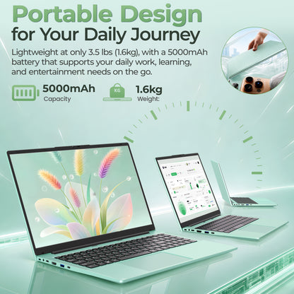 Fsjun 15.6" Mint Green Laptop, Core m3-7Y30 up to 2.60GHz, 16GB RAM, 256GB SSD, FHD IPS Display, Backlit Keyboard with Numpad, Win 11 Pro, Office 2019, for Student & Business