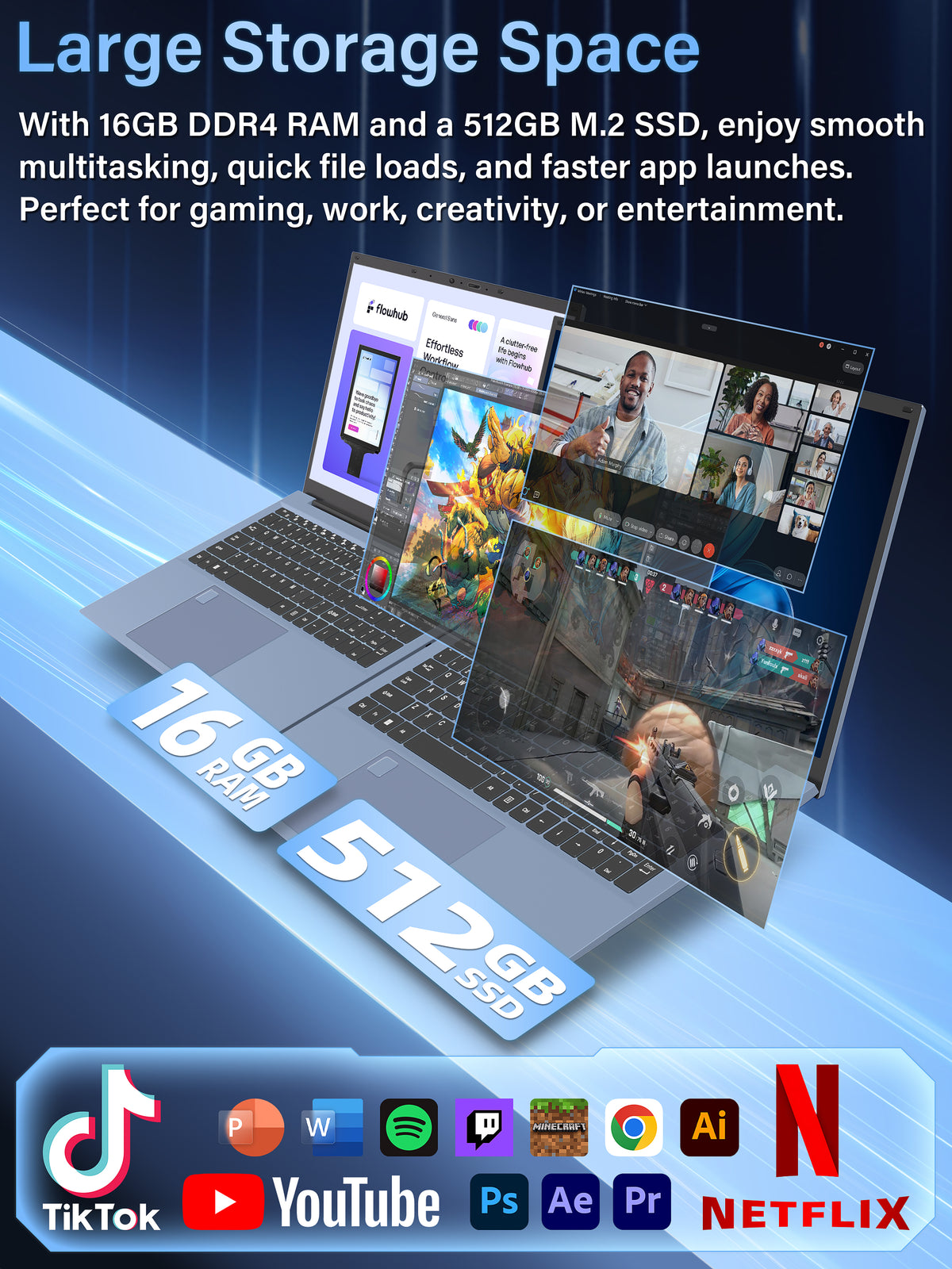 Fsjun 17.3" FHD IPS 360Hz Business Laptop, Intel Core i5-1038NG7, 16GB DDR4 RAM, 512GB SSD, (Win 11 Pro + Office 2019), Color Backlit Keyboard with Numpad, Fingerprint, Blue