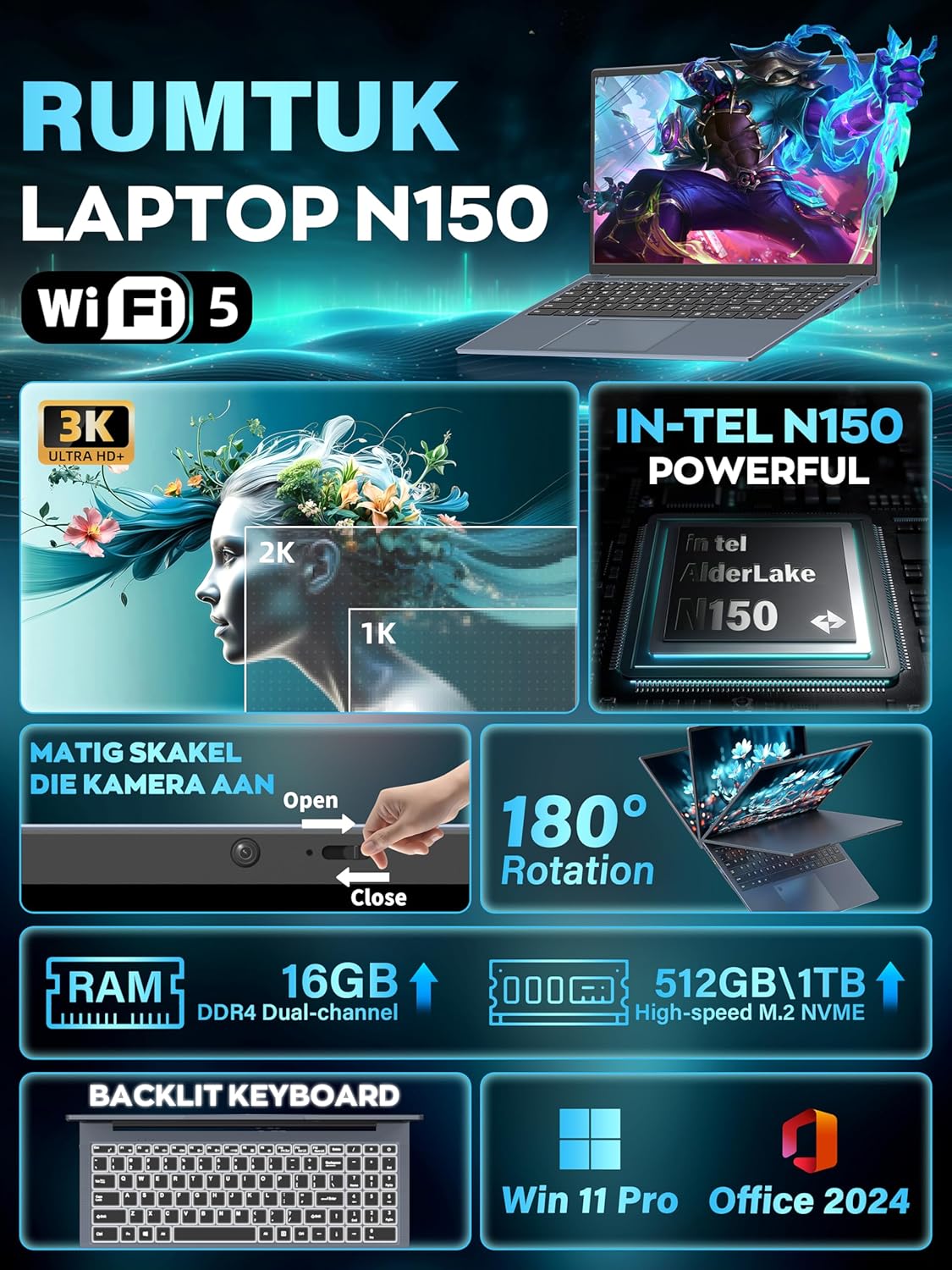 Fsjun 16" 3K Business and Student Laptop, 512GB NVME SSD 16GB RAM,  Win 11 Pro with Office 2024, In tel 4-Core Up to 3.6GHz, Fingerprint, Backlit KB, Webcam, HDMI, USB-C, RJ45, Long Battery Life