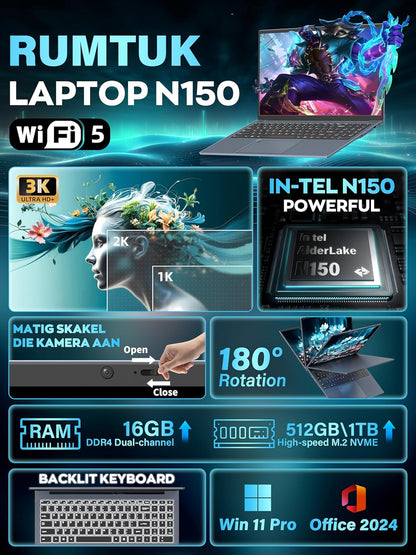 Fsjun 16" 3K Business and Student Laptop, 512GB NVME SSD 16GB RAM,  Win 11 Pro with Office 2024, In tel 4-Core Up to 3.6GHz, Fingerprint, Backlit KB, Webcam, HDMI, USB-C, RJ45, Long Battery Life