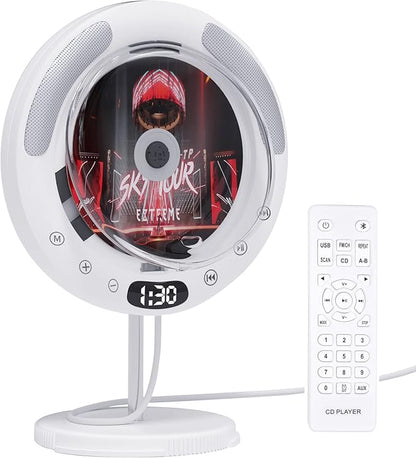 FSJUN New Stand & Wall Mounted Portable CD Player with Bluetooth, High-Fidelity Dual Speaker, FM Radio, USB, CD, AUX Playback - Pull Wire Switch Design