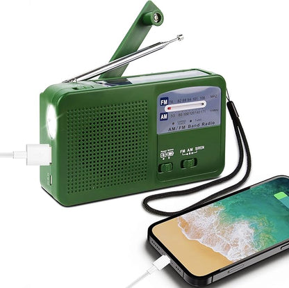 New Solar powered hand-cranked radio LED flashlights siren FM/AM Emergency Weather Radio with Rechargeable USB Phone Charger Suitable for hunting daily carrying camping hiking night riding (Green)