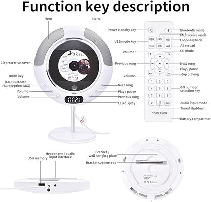 FSJUN New Stand & Wall Mounted Portable CD Player with Bluetooth, High-Fidelity Dual Speaker, FM Radio, USB, CD, AUX Playback - Pull Wire Switch Design