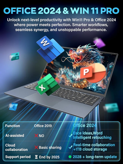 Fsjun 16" 3K Business and Student Laptop, 512GB NVME SSD 16GB RAM,  Win 11 Pro with Office 2024, In tel 4-Core Up to 3.6GHz, Fingerprint, Backlit KB, Webcam, HDMI, USB-C, RJ45, Long Battery Life