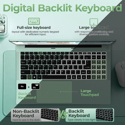 Fsjun 15.6" Mint Green Laptop, Core m3-7Y30 up to 2.60GHz, 16GB RAM, 256GB SSD, FHD IPS Display, Backlit Keyboard with Numpad, Win 11 Pro, Office 2019, for Student & Business