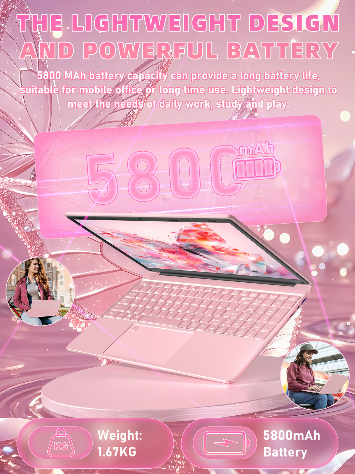 Fsjun 15.6" Pink Laptop,Win11 Pro,Intel N95(Up to 3.4GHz),16GB RAM 512GB NVMe,1920x1080 IPS Display, Backlit Keyboard,Fingerprint Sensor,5800mAh Battery,WiFi 5,Student & Business