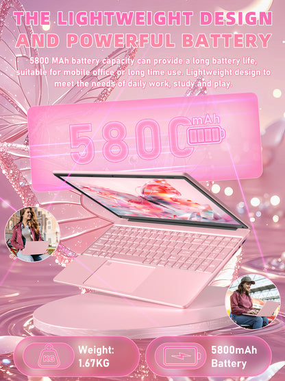 Fsjun 15.6" Pink Laptop,Win11 Pro,Intel N95(Up to 3.4GHz),16GB RAM 512GB NVMe,1920x1080 IPS Display, Backlit Keyboard,Fingerprint Sensor,5800mAh Battery,WiFi 5,Student & Business