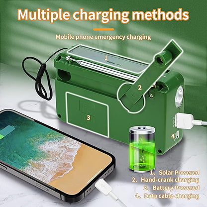 New Solar powered hand-cranked radio LED flashlights siren FM/AM Emergency Weather Radio with Rechargeable USB Phone Charger Suitable for hunting daily carrying camping hiking night riding (Green)