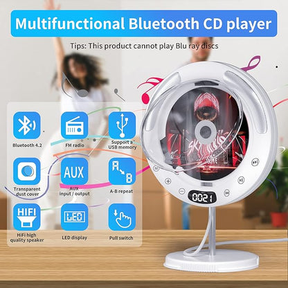 FSJUN New Stand & Wall Mounted Portable CD Player with Bluetooth, High-Fidelity Dual Speaker, FM Radio, USB, CD, AUX Playback - Pull Wire Switch Design