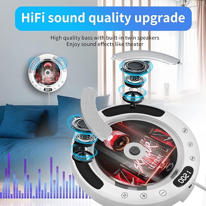 FSJUN New Stand & Wall Mounted Portable CD Player with Bluetooth, High-Fidelity Dual Speaker, FM Radio, USB, CD, AUX Playback - Pull Wire Switch Design