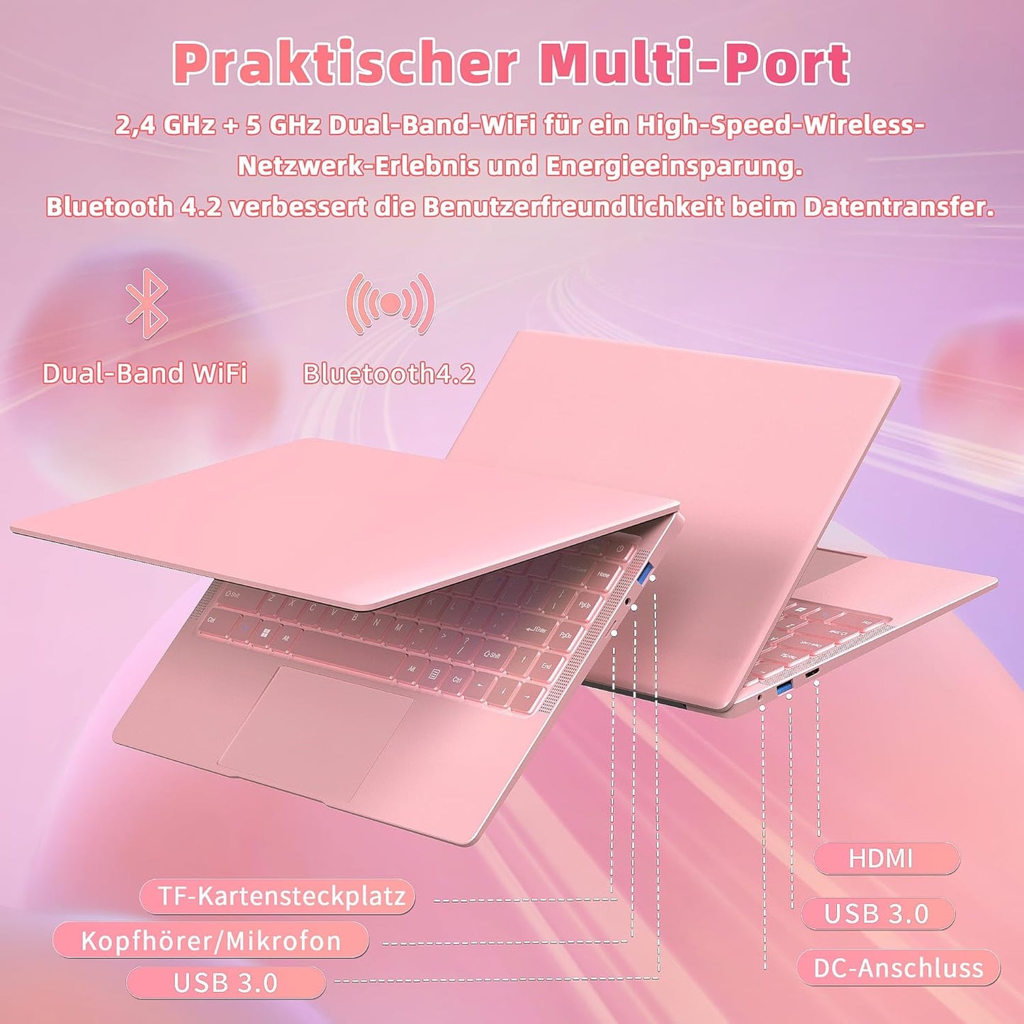 14" Laptop Roségold, Quad-Core Prozessor Celeron J4105 [schneller als N4000 und AMD 3020e], 8GB RAM, 256GB SSD, FHD IPS, HDMI, WLAN, Bluetooth, ultraleichtes und tragbares Notebook für Studenten