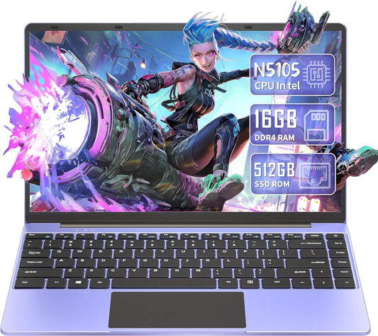 14" Purple Laptop, Win 11 Pro/Office 2019, Celeron N5105 (Up to 2.9GHz), 16GB RAM, 512GB SSD, FHD IPS Display, Ultra-Thin, Portable, Convertible 180°. USB, HDMI, WIFI - Style meets Performance!