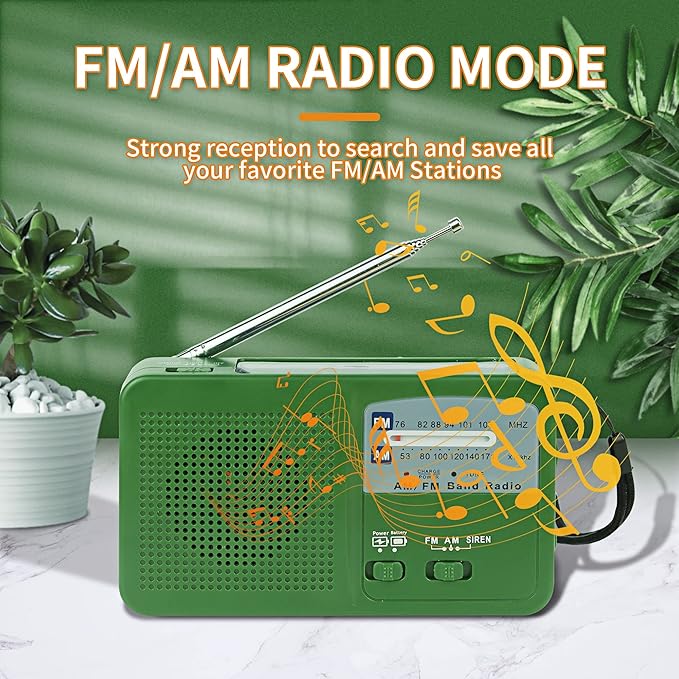 New Solar powered hand-cranked radio LED flashlights siren FM/AM Emergency Weather Radio with Rechargeable USB Phone Charger Suitable for hunting daily carrying camping hiking night riding (Green)