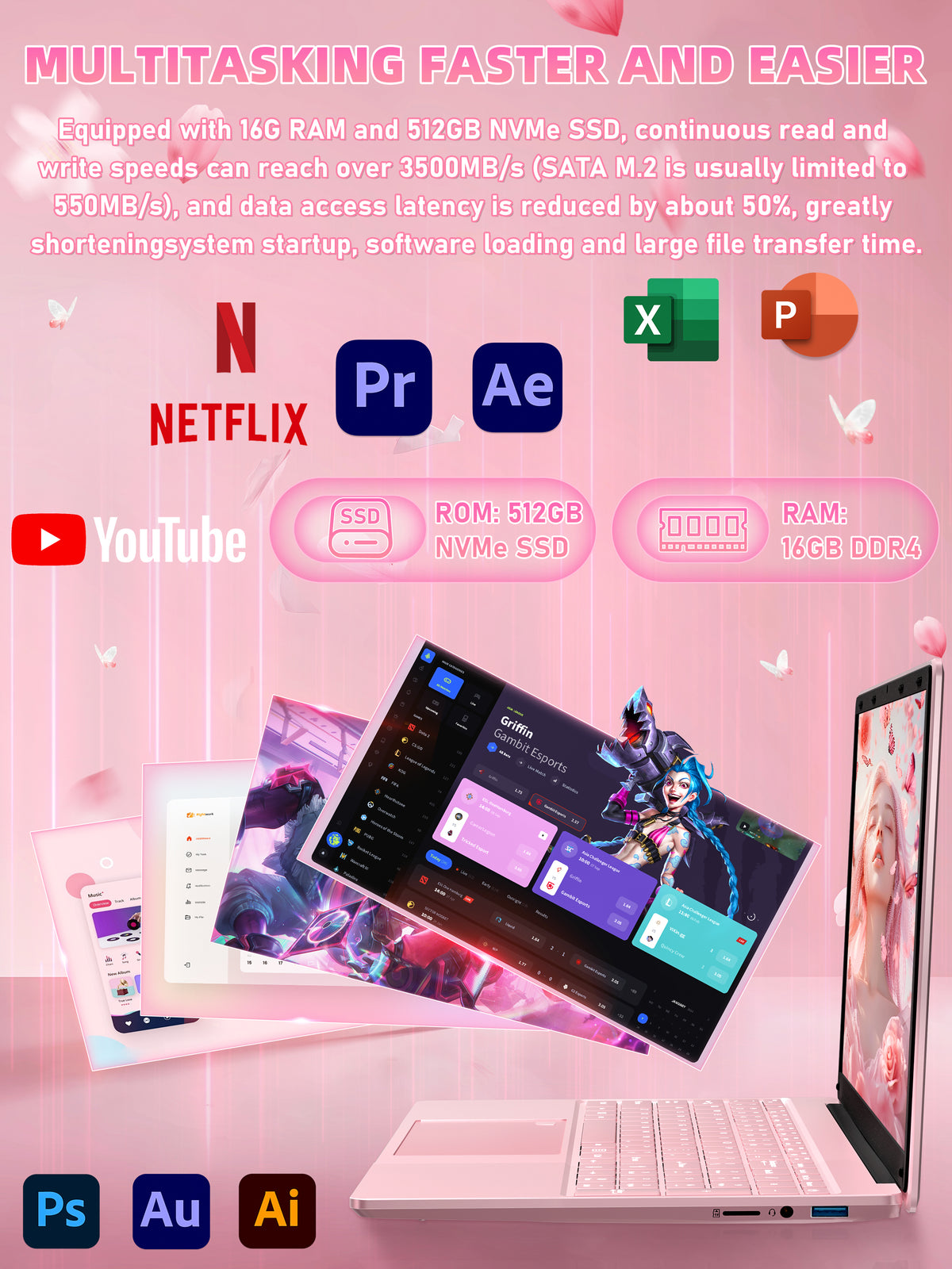 Fsjun 15.6" Pink Laptop,Win11 Pro,Intel N95(Up to 3.4GHz),16GB RAM 512GB NVMe,1920x1080 IPS Display, Backlit Keyboard,Fingerprint Sensor,5800mAh Battery,WiFi 5,Student & Business