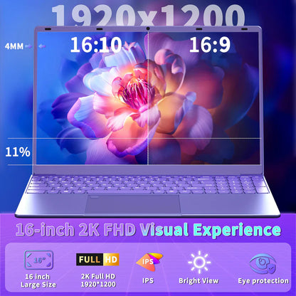 FSJUN Purple Laptop, 16" 2.5K FHD IPS, 11th Gen N5105, 16GB RAM,512GB SSD,Long Battery Life, Windows 11 Pro/Microsoft Office 2019/Fingerprint Unlock/Color Backlit KB/HDMI/USB-C(16GB RAM | 512GB SSD)