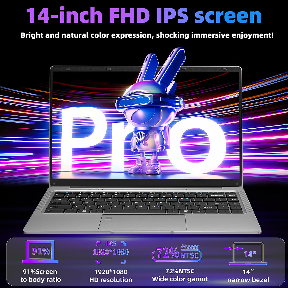 14 Inch FHD Laptop, Celeron J4105, 8GB DDR4 RAM, 256GB SSD, Win 11 Pro + Office 2019, Lightweight Business Laptop, Gray