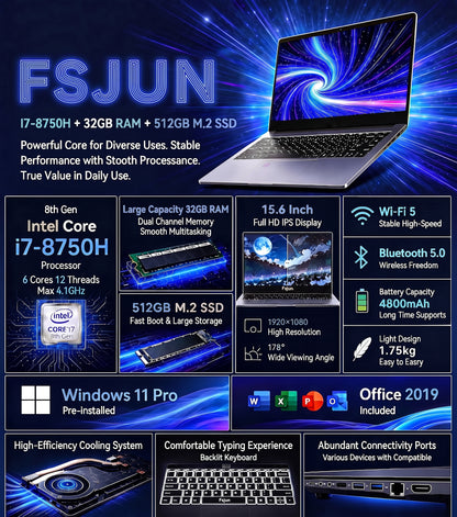 Fsjun 15.6" Laptop Computer, Intel i7-8750H, 32GB RAM, 512GB SSD, FHD IPS Display, (Win 11 Pro + Office 2024), Fingerprint