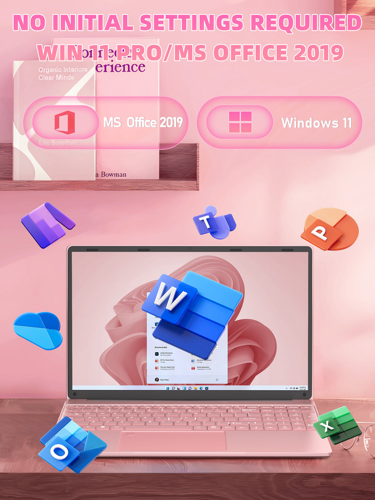 Fsjun 15.6" Pink Laptop,Win11 Pro,Intel N95(Up to 3.4GHz),16GB RAM 512GB NVMe,1920x1080 IPS Display, Backlit Keyboard,Fingerprint Sensor,5800mAh Battery,WiFi 5,Student & Business